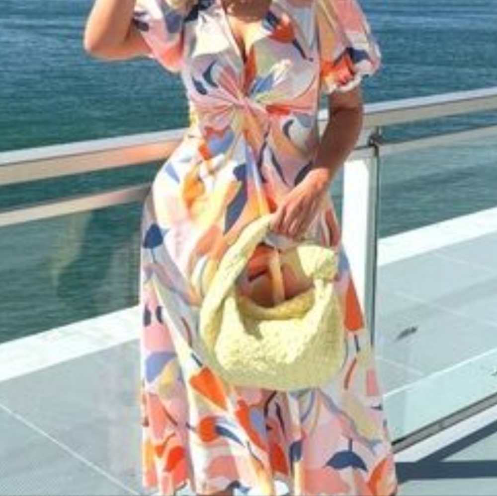 Printed Maxi Dress with Twist Front in Multi-Color